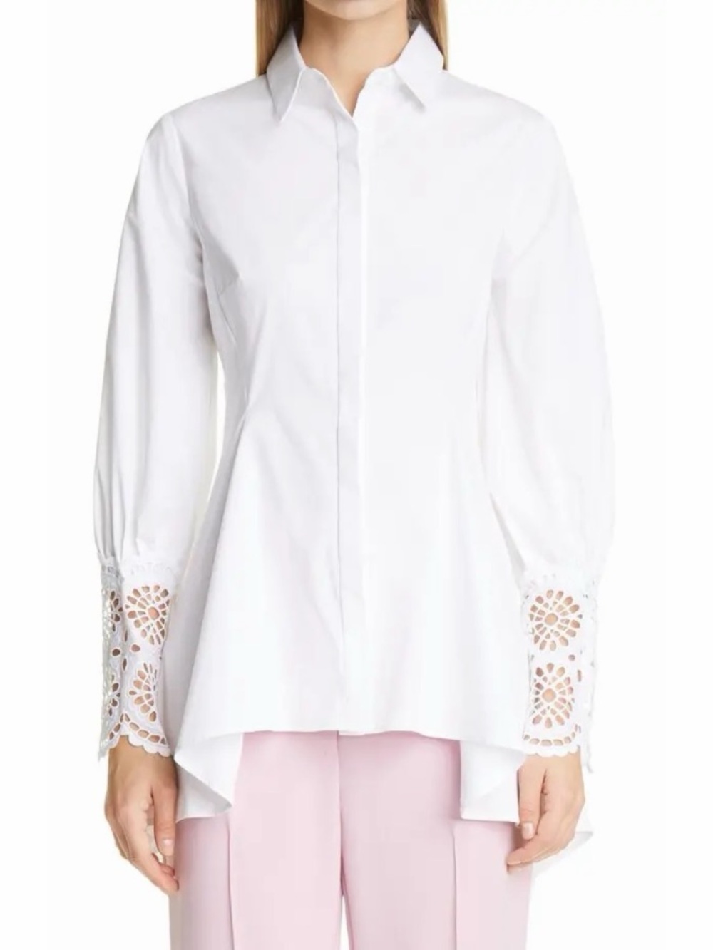 Lela Rose White Embroidered Eyelet Poplin Shirt Size 12 Puff Sleeve Button Front